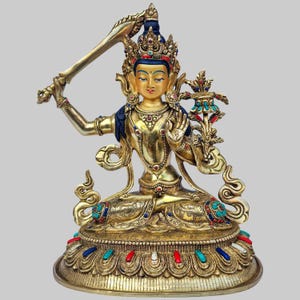 24Cm Handcrafted Manjushri Statue | Exquisite Tibetan Art of the Bodhisattva of Wisdom | Exquisite Artisan-Made Sculpture with Fine Details