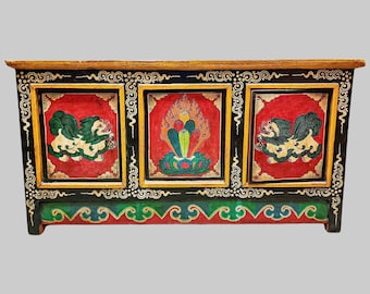 Hand-Carved Tibetan Cabinet | Snow Lion Design | 4-Door Wooden Buddhist Furniture