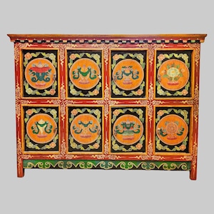 Tibetan Cabinet with Ashtamangala Symbols | Buddhist Storage Chest with 2 Drawers & 2 Doors | Intricately Painted Sacred Buddhist Furniture