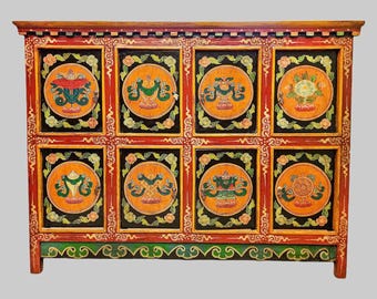 Hand-Painted Tibetan Cabinet: Buddhist Ashtamangala Symbol Storage
