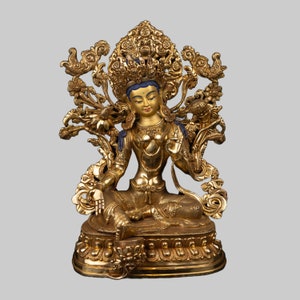 Handcrafted Green Tara Statue | 24K Gold Gilded With Symbol of Compassion and Protection | Exquisite Artisan-Made Buddhist Deity Sculpture