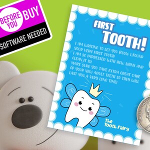 Modèle de lettre de fée des dents, Lost First Tooth Message imprimable, mignon souvenir de dent de bébé garçon ou fille, idées de fée des dents modifiables, Mini carte
