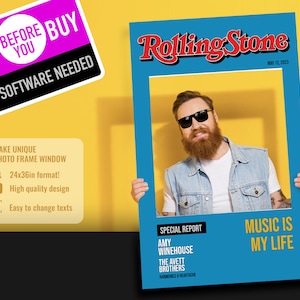 Rolling Stone Magazine cover Photo Booth Frame Birthday Template XXL, Photobooth prop Print 24x36in, Editable Picture Frame Digital Download