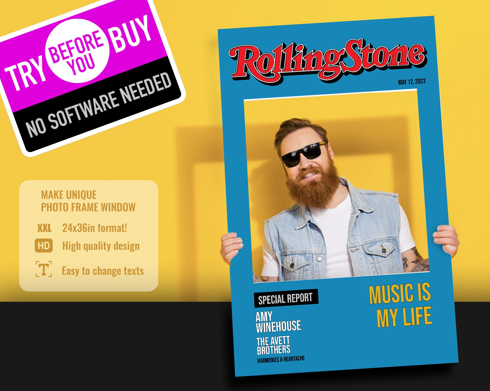 Rolling Stone Magazine cover Photo Booth Frame Birthday Template XXL, Photobooth prop Print 24x36in, Editable Picture Frame Digital Download
