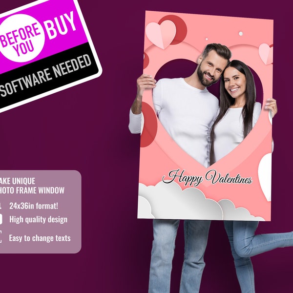 Heart Valentine's Day Photo Booth Frame Birthday Template XXL Wedding Photobooth prop Print 24x36in, Editable Picture Frame Digital Download