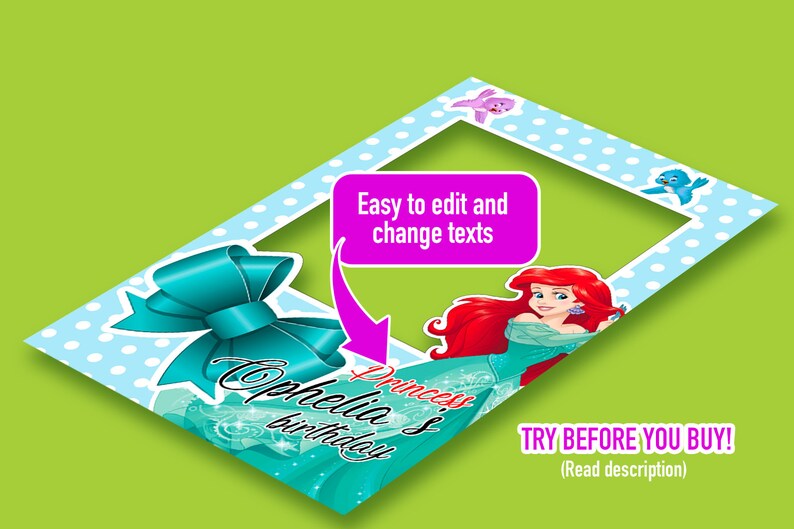 Ariel Photo Booth Frame Birthday Template XXL, Princess Invitation ...