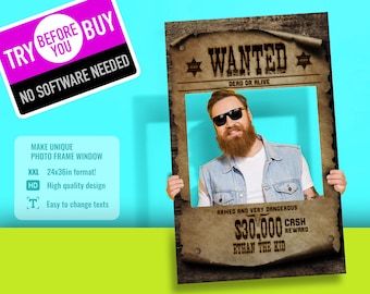 Wanted Photo Booth Frame Birthday Template XXL, Rewards Photobooth prop Print 24x36in, Editable Picture Frame Digital Download