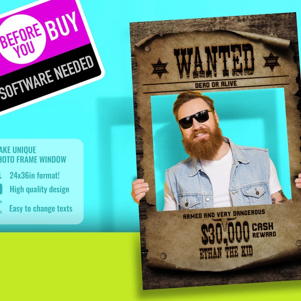 Wanted Photo Booth Frame Birthday Template XXL, Rewards Photobooth prop Print 24x36in, Editable Picture Frame Digital Download