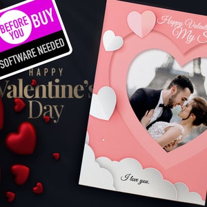 Plantilla de tarjeta fotográfica personalizada de Happy Valentine Day / Tarjetas de felicitación de corazón de amor, Descarga digital romántica e imprimible
