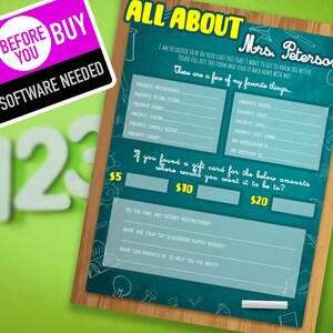 Back To School Teacher Survey Template - All About My Teacher, Teacher Questionnaire Printable, School Place Setting Cards, checklist guide
