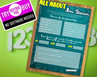 All About My Teacher Survey – Printable Teacher Questionnaire (Digital Download)