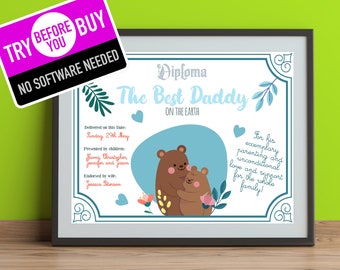 Father's Day Diploma - Certification of the best Daddy world Template, Instant download, personalized unique last minute present gift idea