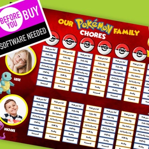 Pokemon Chore Chart Template, Printable Editable Weekly Family Chore Chart, Family Planner, Weekly Household Calendar, Family Routine Chart