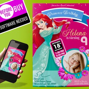 Ariel Invitation, Princess invitation, Ariel birthday invitation, Princess Birthday Invitation with Photo Digital Template, Instant Download