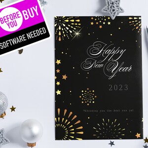 modèle de carte de voeux de bonne année personnalisé | Thème de feux d'artifice, police élégante, téléchargement numérique imprimable noir et or luxueux
