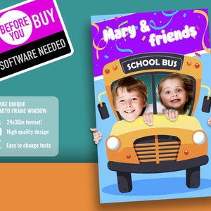 School Bus Photo Booth Frame, Selfie Travel Birthday Template XXL Photobooth prop,Back to school Editable Picture Frame Digital Download