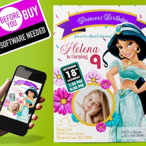 Jasmine Invitation, Jasmine birthday invitation, princess invitation, Princess Jasmine Invitation with Photo Edit, Instant Download, Print,