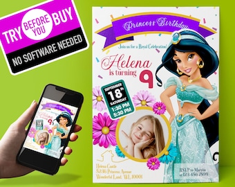 Jasmine Princess Birthday Invitation, Photo Edit, Printable (Digital Download)