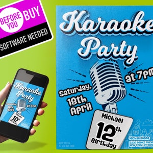 Karaoke Birthday Invitation, Karaoke invitation, Karaoke party Invitation Template, Karaoke Music party invite Girl & Boy Digital Download