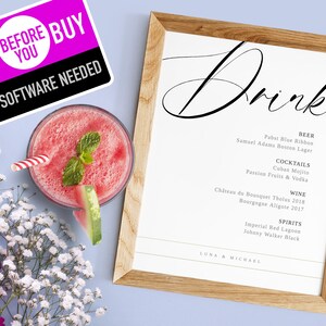 LUNA Theme | Wedding Tabletop Drinks Menu Sign Template, Printable, 8x10, Wedding Menu Template, Modern Drinks Sign - Elegant minimalist