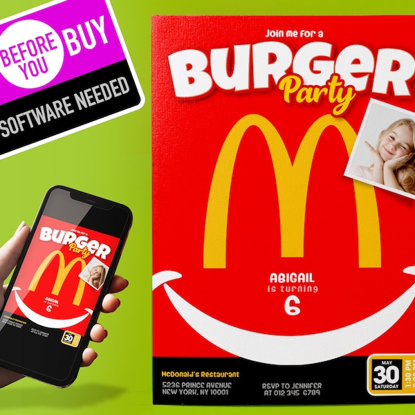 McDonald's Birthday Party Invitation - Printable Invite - DIY - Birthday Invite - Fries Nuggets Burger Playplace, INSTANT DOWNLOAD Digital