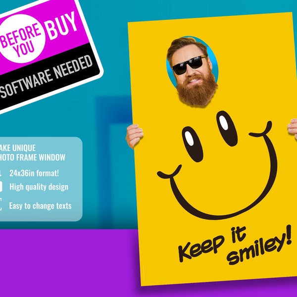 Smiley Photo Booth Frame Birthday Emoji Emoticon Template XXL, Photobooth prop Print 24x36in, Editable Picture Frame Digital Download