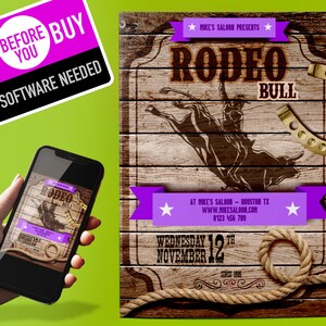 RODEO FLYER, Invitación de rodeo, Plantilla de invitación de cumpleaños de Rodeo, Fiesta de toro de rodeo, Descarga digital instantánea, Cartel de carta de EE. UU., Vaquero