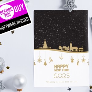 Modèle de carte personnalisé de bonne année | Illustration de décorations de Noël Cartes de voeux, neige, téléchargement numérique imprimable or luxueux