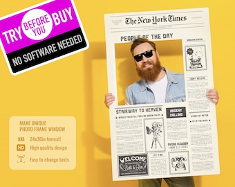 Newspaper Photo Booth Frame Birthday Template XXL, New York Times Print 24x36in, online Editable Custom Picture Frame Digital Download