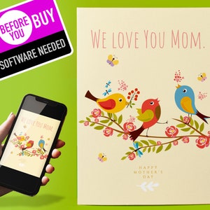 Tarjeta del día de las madres felices, diseño BIRDS, plantilla editable, tarjeta del día de la madre 5X7 ideal para mamá, nan, nana, abuela - Descarga instantánea digital