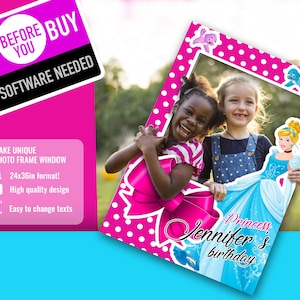 Cinderella Photo Booth Frame Birthday Template XXL, Princess Invitation Print 24x36in, online Editable Custom Picture Frame Digital Download