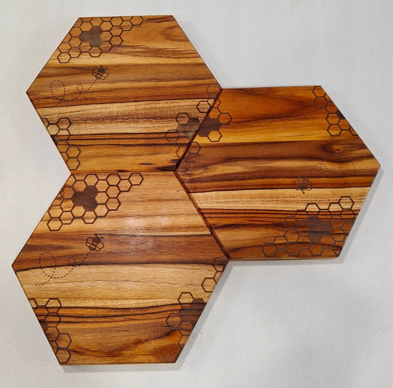 A group photo of 10 inch honeycombs tessellated out on the counter top