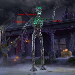 May include: A large, skeletal, tree-like Halloween decoration with glowing green eyes and a skeletal ribcage. The decoration has a head connector, right arm, and left arm.