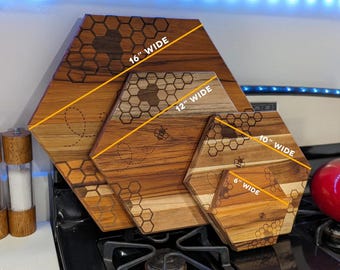 Hexagon Teak Cheese and Charcuterie Board for Housewarming and Bee Lovers