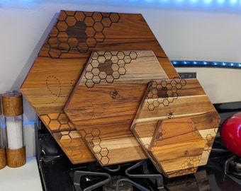 Bee Cutting Board | Bee Serving Board | Housewarming Gift | Teak Cutting Board | Hexagon Cheese Board | Charcuterie Board | Bee Gifts