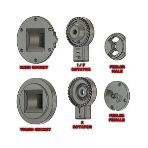 May include: A set of six gray plastic parts for a robot or toy. The parts include two sockets, two rotators, and two feelers. The sockets are labeled "Knee Socket" and "Torso Socket". The rotators are labeled "I/F Rotator" and "E Rotator". The feelers are labeled "Feeler Male" and "Feeler Female".