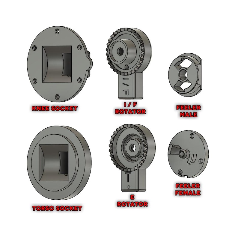May include: A set of six gray plastic parts for a robot or toy. The parts include two sockets, two rotators, and two feelers. The sockets are labeled "Knee Socket" and "Torso Socket". The rotators are labeled "I/F Rotator" and "E Rotator". The feelers are labeled "Feeler Male" and "Feeler Female".