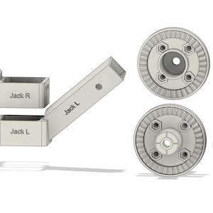 May include: A set of four 3D printed parts, two with a gear-like design and two with a square design. The square parts have the text "Jack R" and "Jack L" printed on them.