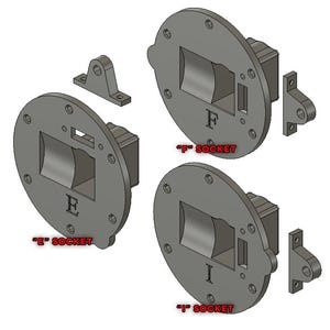 May include: Three gray metal parts with different shaped openings labeled "E Socket", "F Socket", and "I Socket".