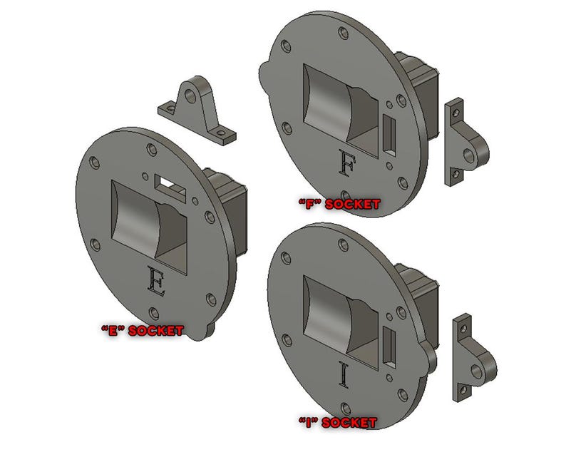 May include: Three gray metal parts with different shaped openings labeled "E Socket", "F Socket", and "I Socket".
