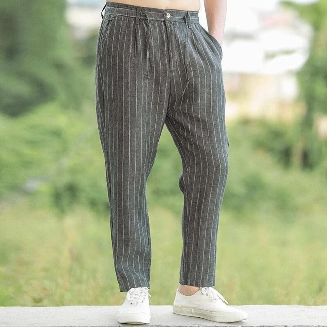 Summer Men's Striped Linen Pants 100 Linen Ankle Pants Etsy