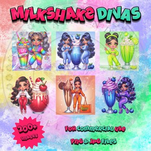 May include: Six digital illustrations of cartoon girls with colorful milkshakes. Each girl is wearing a different outfit and holding a different milkshake. The text "MILKSHAKE DIVAS" is at the top of the image. The text "200+ IMAGES" is at the bottom left of the image. The text "FOR COMMERCIAL USE PNG & JPG FILES" is at the bottom right of the image.