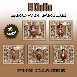 Pode incluir: Um conjunto de seis ilustrações digitais com um personagem de desenho animado usando uma bandana e uma jaqueta marrom. O personagem está em pé na frente de um padrão de bandana marrom e branco. O texto "El Cholito Brown Pride" é exibido acima das imagens.