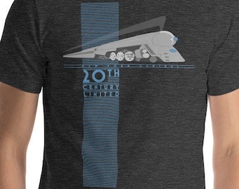 Op de afbeelding: Een donker grijs t-shirt met een afbeelding van een futuristische trein en de tekst "20th Century Limited".