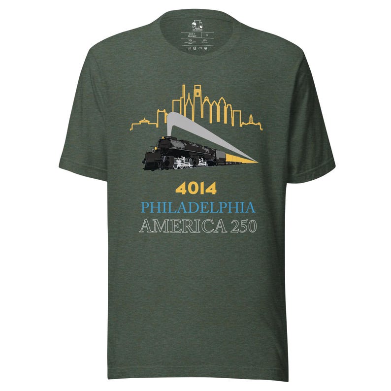 4014 Big Boy Philadelphia Steam Locomotive Shirt – America 250 Philly Skyline Tee – Historic US Semiquincentennial Railfan T-Shirt