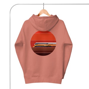 Southern Pacific Daylight hooded sweatshirt, with setting sun, SP 4449 steam locomotive