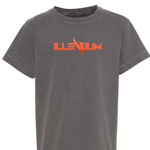 May include: A charcoal grey t-shirt with a red and orange logo that says "ILLESIUM".