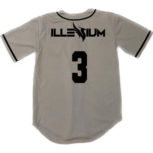 May include: A gray baseball jersey with black trim and the word "ILLESIUM" and the number "3" printed on the back.