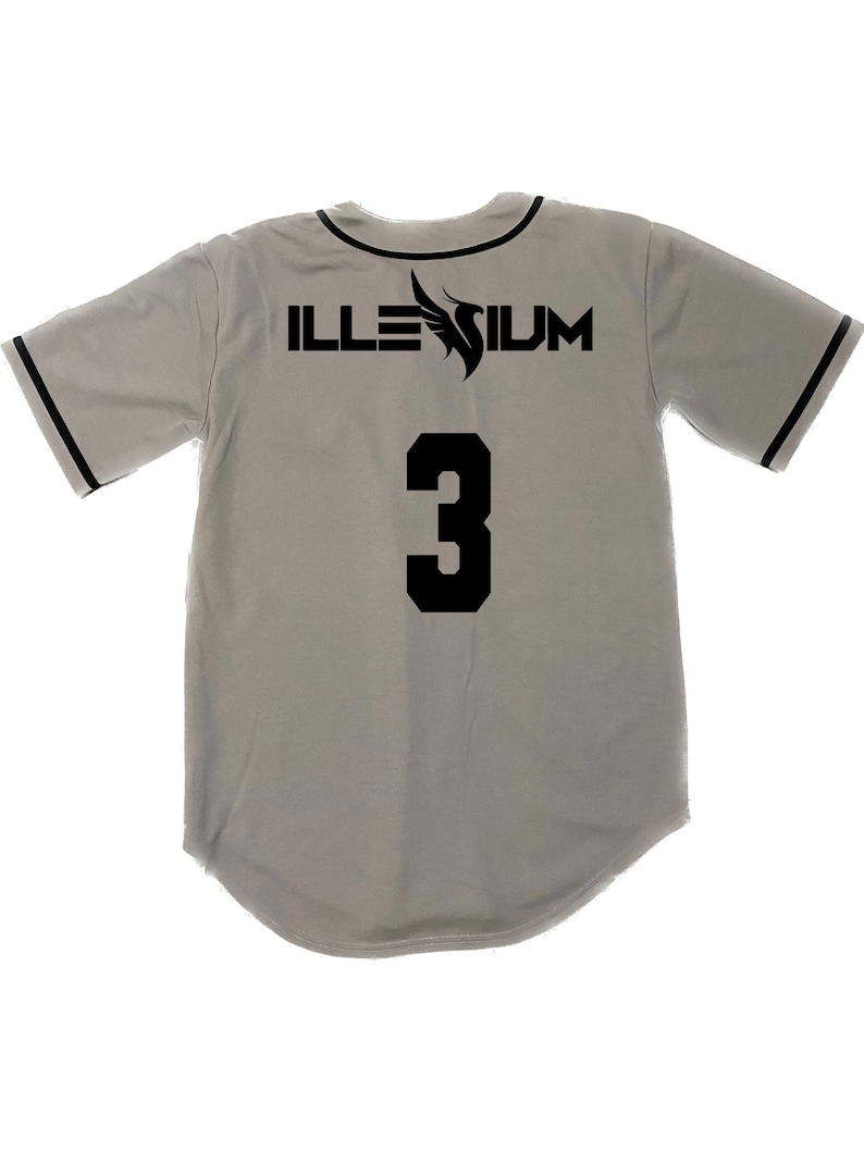 May include: A gray baseball jersey with black trim and the word "ILLESIUM" and the number "3" printed on the back.