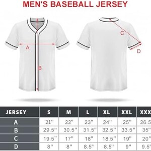 May include: A size chart for a baseball jersey with measurements in inches for sizes S, M, L, XL, XXL, and XXXL. The chart shows the measurements for the length, width, sleeve length, and sleeve width.
